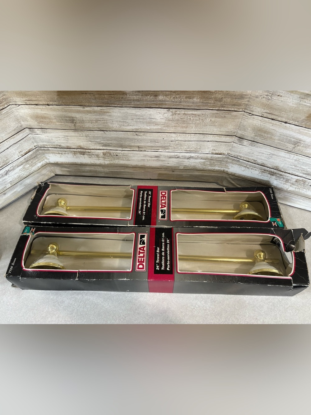 Two NEW old stock brass and white towel bars